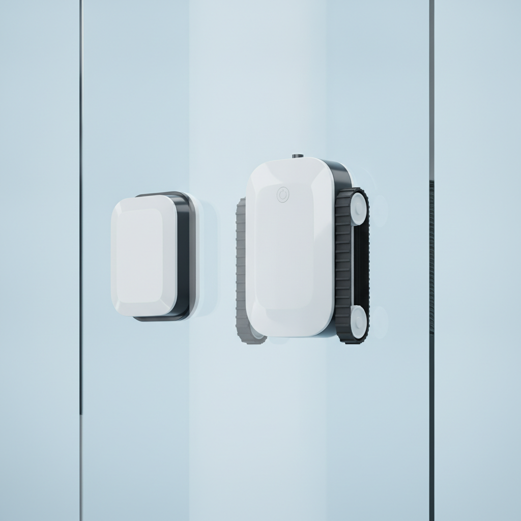 איור של רובוט ניקוי חלונות בהשראת ECOVACS WINBOT W2 PRO Omni על משטח זכוכית