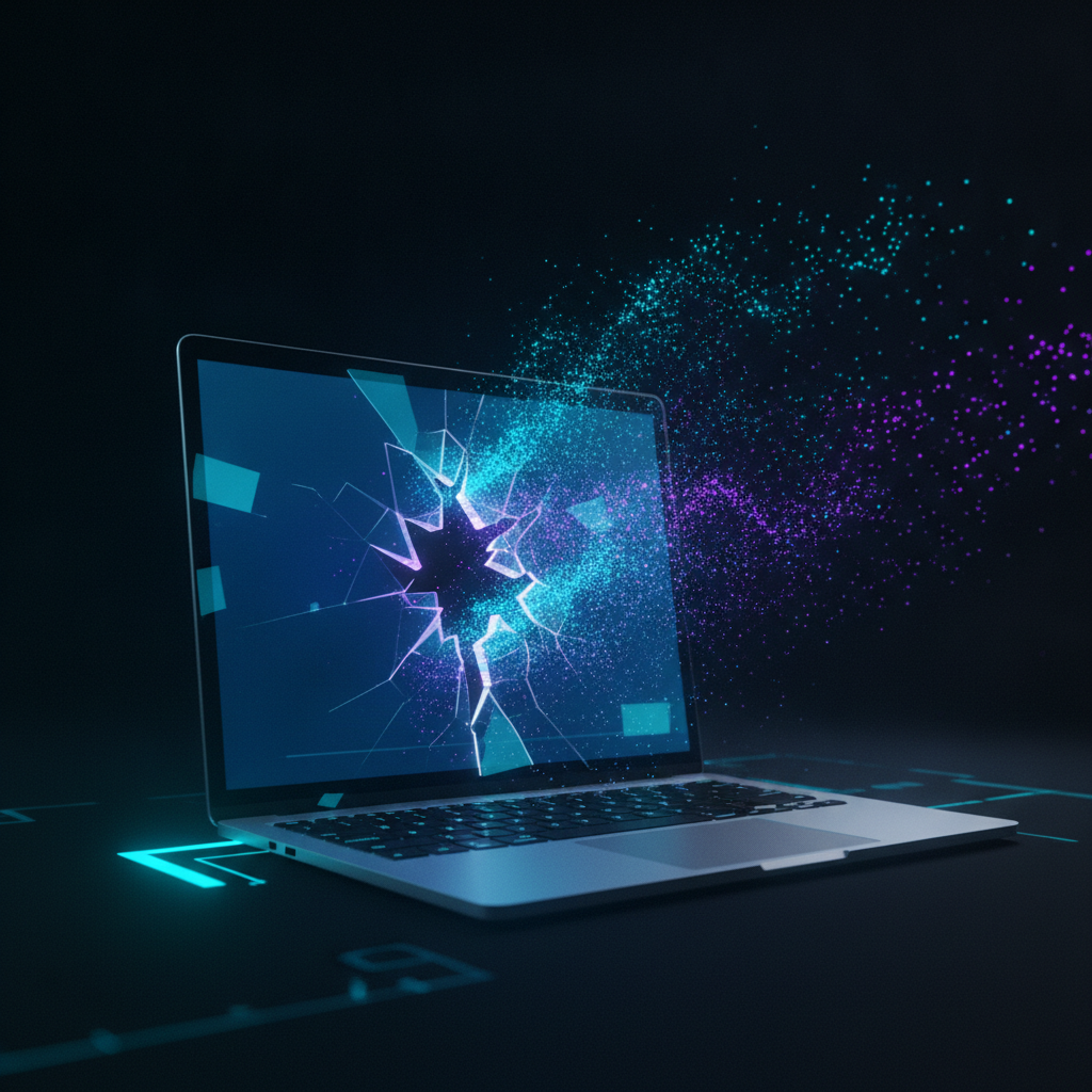 מסך מחשב עם זרימת נתונים דולפת דרך סדק, איור למגזין אבטחת מידע