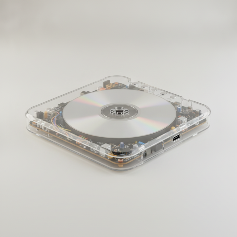 Retradisc portable transparent CD player illustration