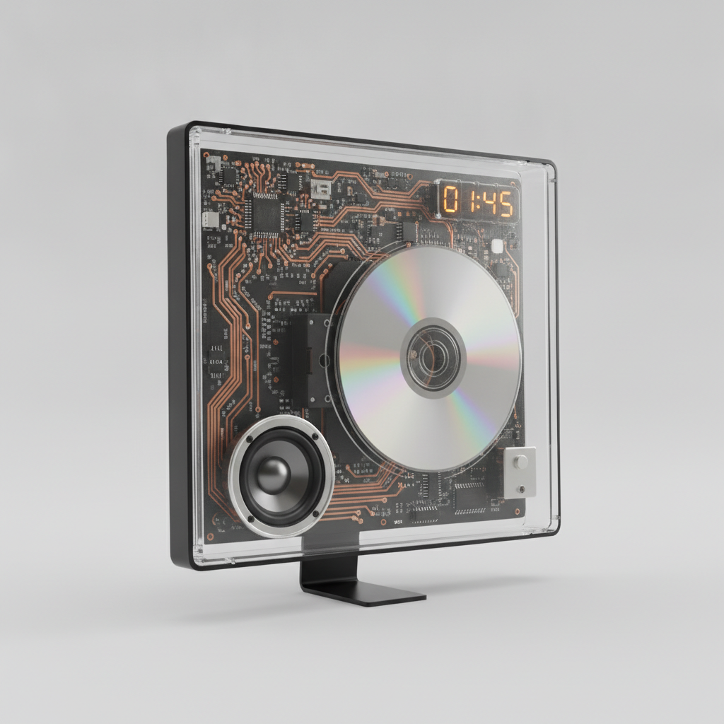 ClearFrame CD player and speaker illustration