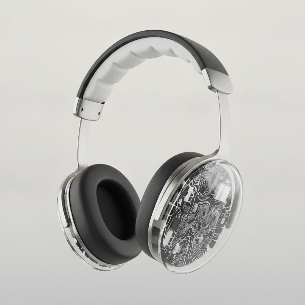 איור של אוזניות over-ear עם כוסות אוזן שקופות שחושפות רכיבים פנימיים