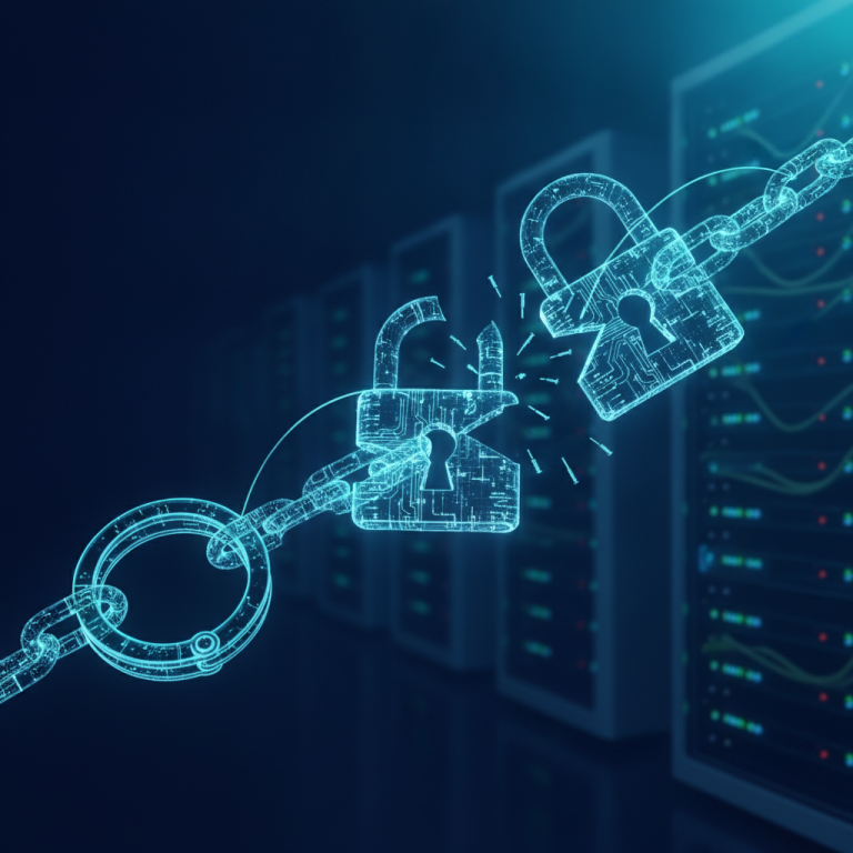 איור: שרשרת מנעולים דיגיטליים שבורה מול חדר שרתים